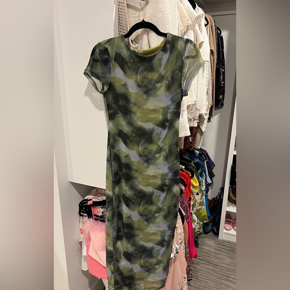 Mesh art print midi dress Green and Black